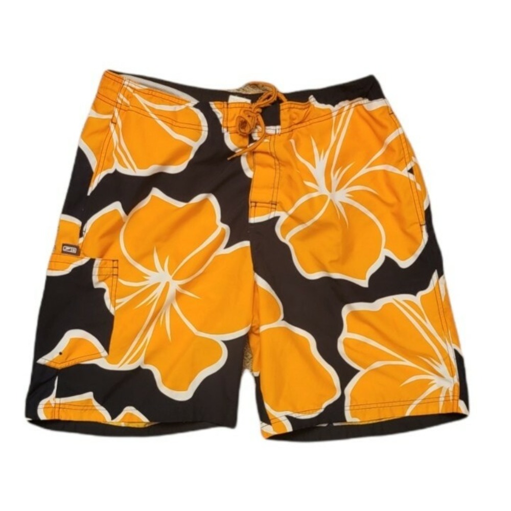 Speedo Mens Board Shorts Orange Black Hibiscus Floral Swim Trunks Large